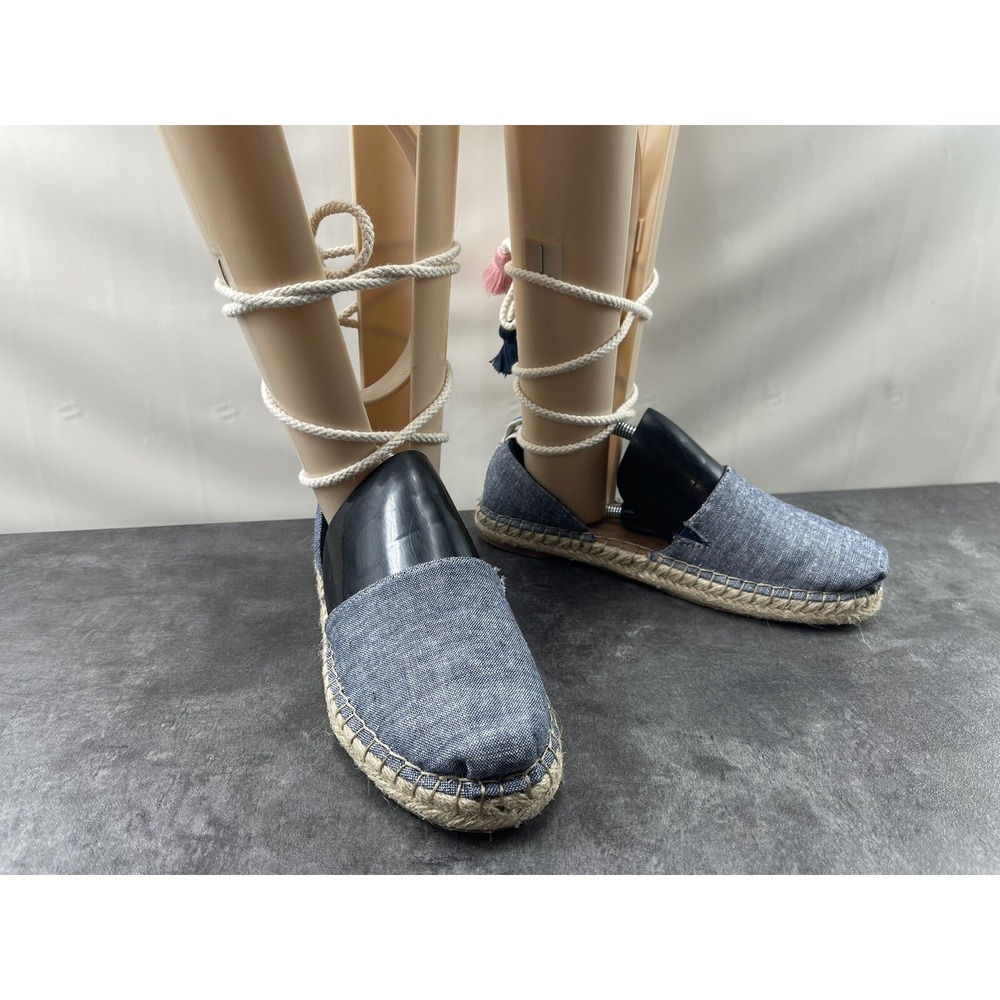 Toms Chambray Katalina Espadrille Flats Womens 5 Blue Canvas Ankle Tie Tassels